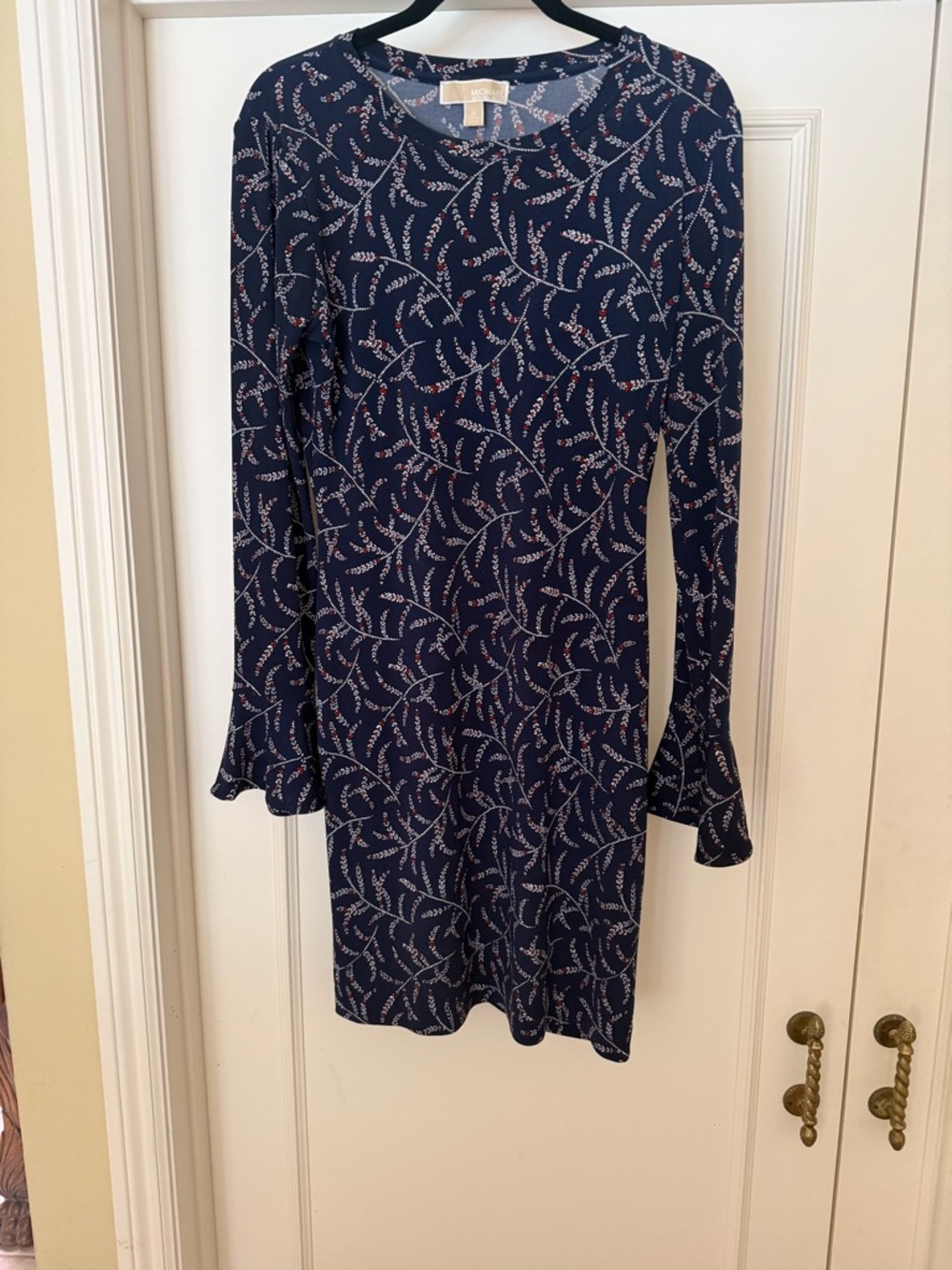 Michael Kors Sheath Navy Floral Print Long Sleeve Dress